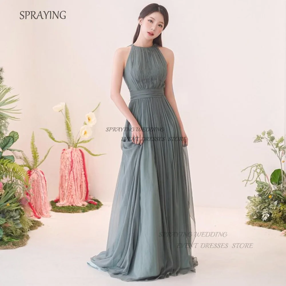 

SPRAYING O-Neck Sleeveless Prom Gown A-line Sweep Train Simple Elegant Evening Party Dresses Custom Made Pleat Chiffon Shooting