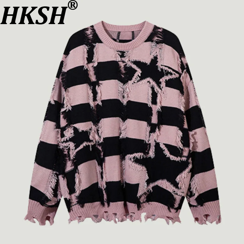 

HKSH 2022, осенне-зимний новый женский свитер, пуловер с круглым вырезом, полосатый контрастный цвет, шикарный ретро-унисекс, вязаные топы для пар, HK14225