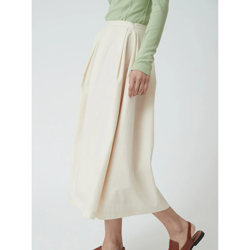 Summer  Skirts for Women Cotton Mid-length Simple Temperament Solid A-line Bust Skirts Pleated Waist Commute Grace Beige Clothes