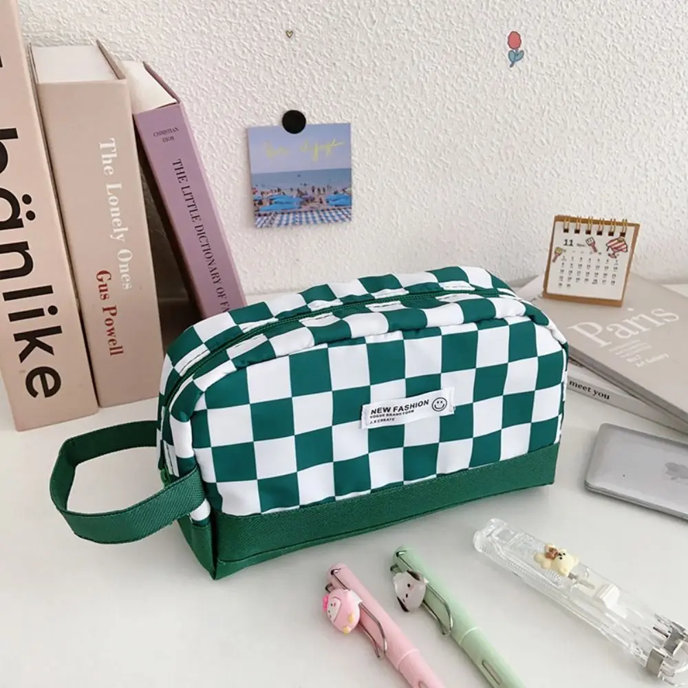 Korean Style Large Capacity Student Cosmetics Storage Stationery Pencil Pouch Plaid Pencil Bag Pencil Case Desktop Organizer