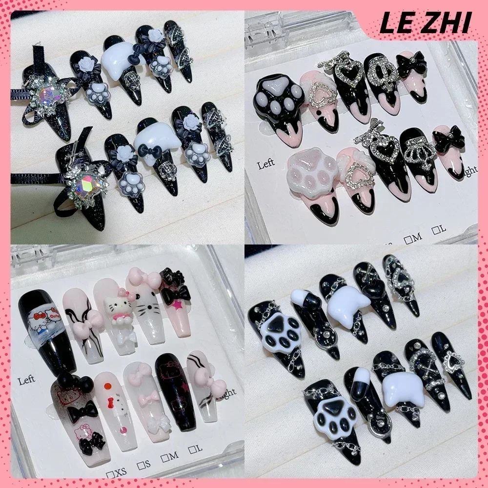 스틸레토 펑크 헬로 키티 틀린 손톱 귀여운 고양이 발톱 금속 체인 디자인 Y2K 매운 소녀 라인 석 완전히 덮여 손톱에 누르기