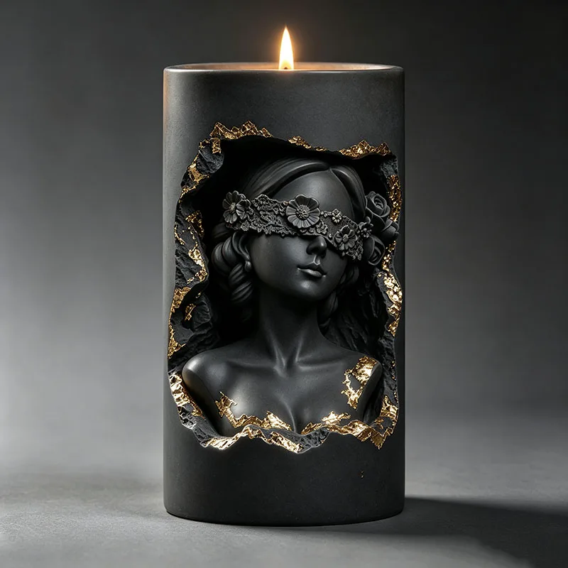 Vintage Blindfolded Flower Goddess Cylindrical Scented Candle Silicone Mold, Black Gold Broken Shell Portrait DIY Plaster Resin Ornament Mold