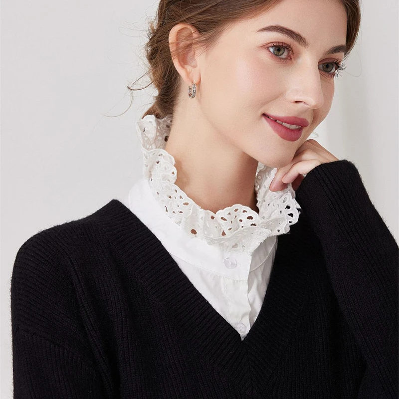 

White Embroidery Detachable Fake Collar Women Girls Half Shirt Blouse Ruffle Stand Collar Sweater Decorative Collar