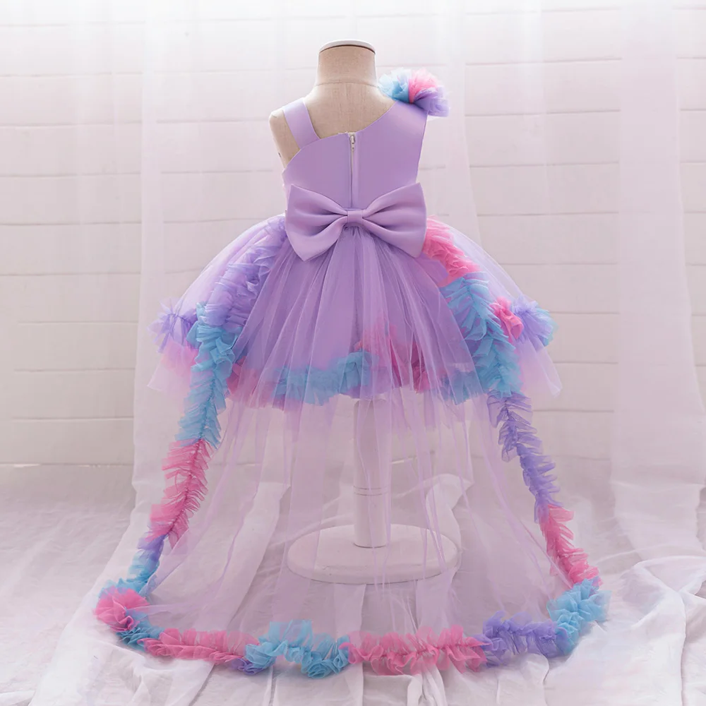 Kids Purple Lace Evening Trailing Party Dress Baby Girl Flower Wedding Princess Dresses Toddler Tulle Fluffy Summer Gown Clothes