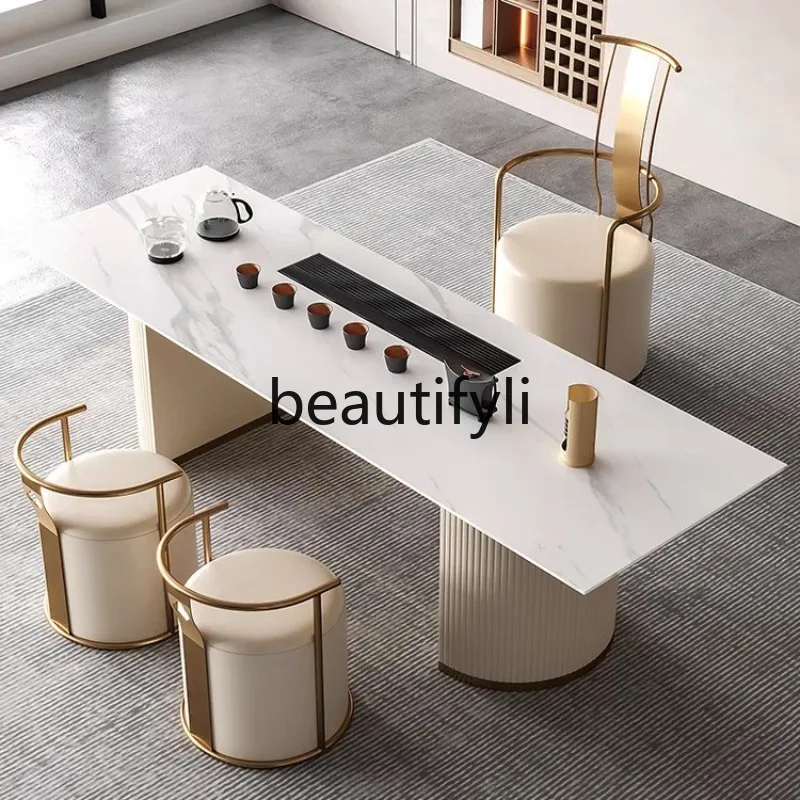 

High-End Office Home Straight Row Rock Plate Tea Table Modern Minimalist Tea Brewing Kung Fu Large Plate Light Luxury Tea Table