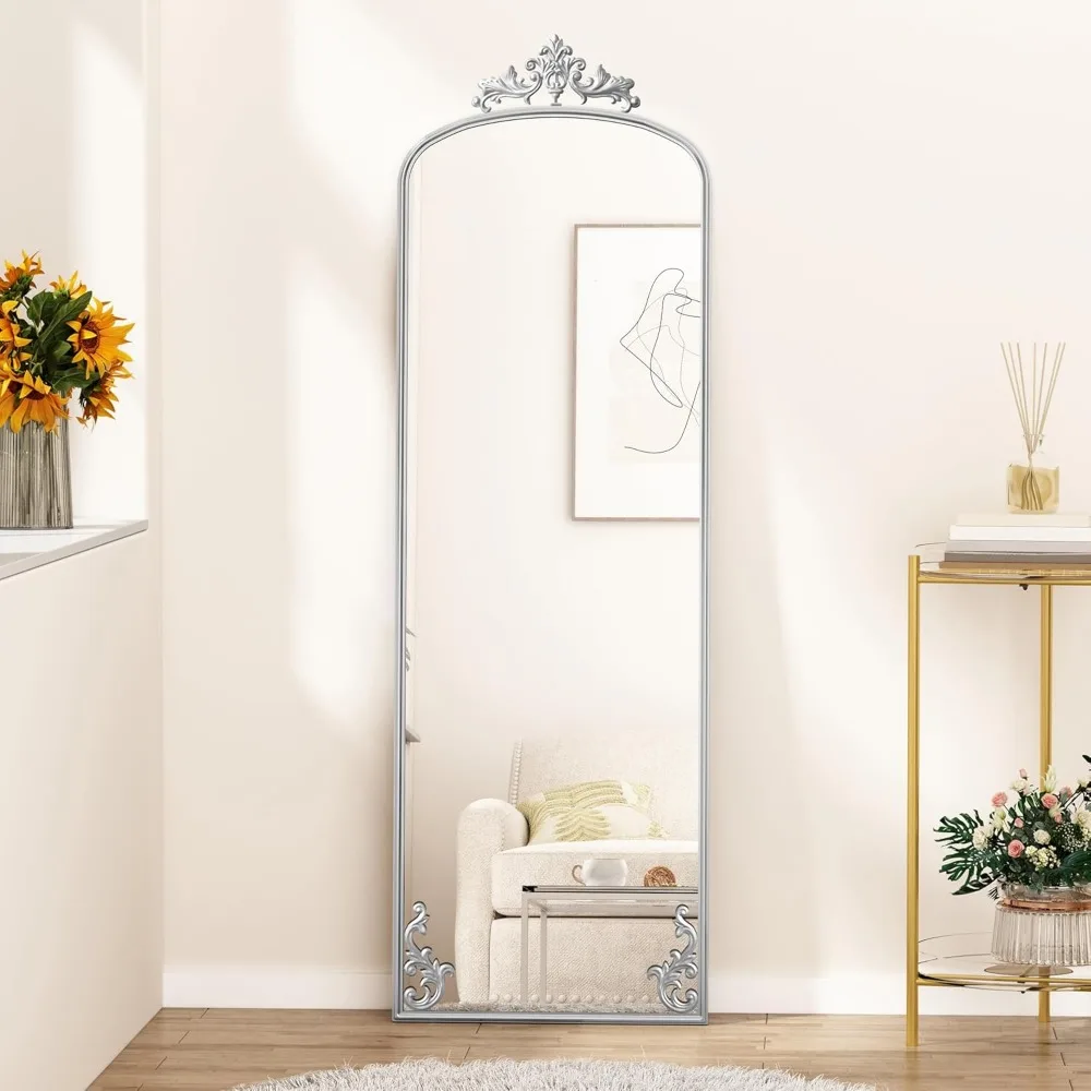 Espejo de longitud completa con soporte, espejo de suelo de cuerpo completo con decoración tallada en plata, espejo de pie arqueado para colgar o apoyar