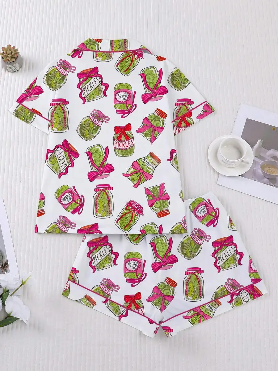 2pcs Womens Pajama Set Cucumber Print Short Sleeve Shirt With Collar Elastic Shorts Casual Loungewear