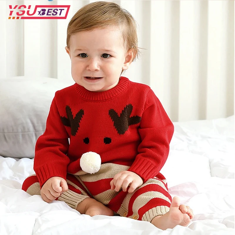 

0-24M Christmas Baby Clothes Newborn Infant Boy Girl Christmas Deer Romper Red Knitted Warm Jumpsuit Xmas Baby Costumes Clothes