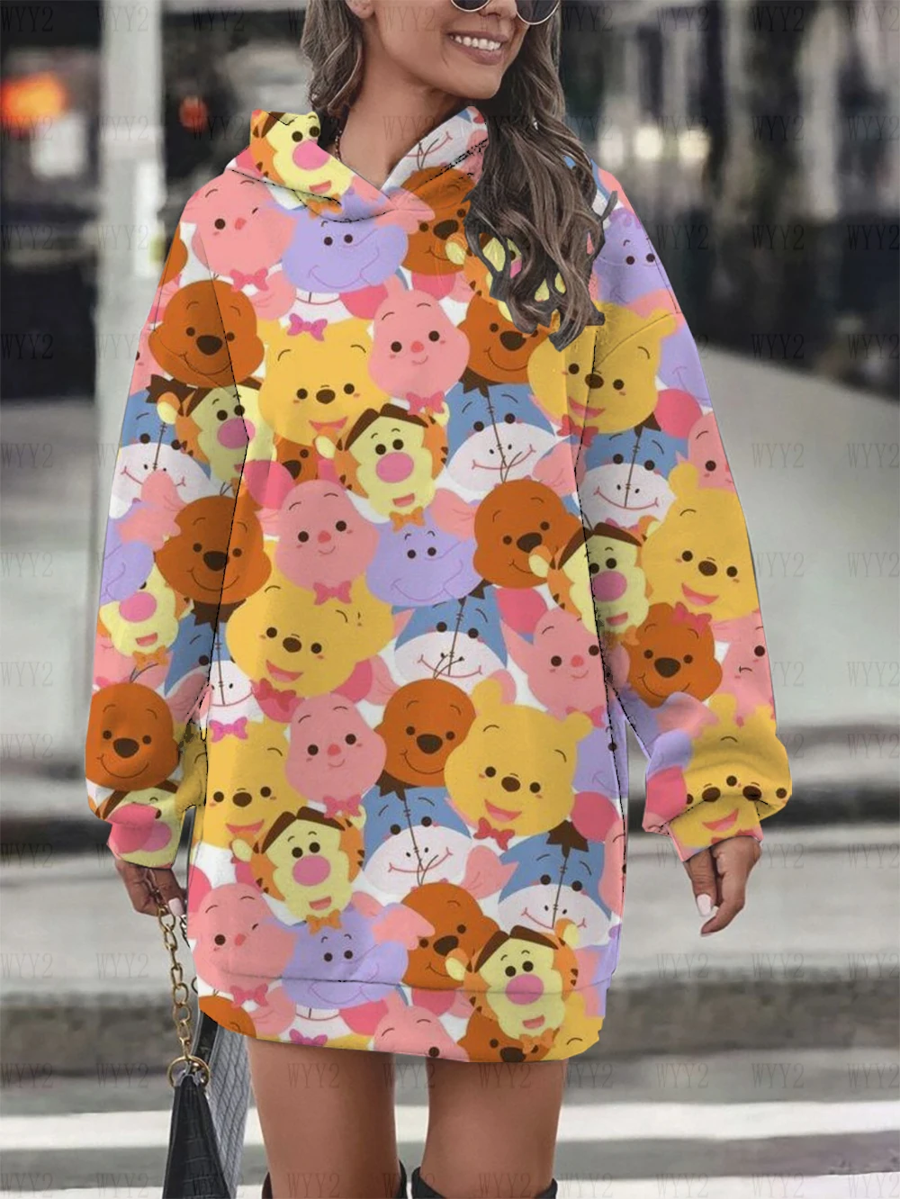 New Women\'s Sweatshirts Women\'s Long Cute Hoodie Disney Winnie the Pooh Print Hoodie Women\'s Hoodie Dress Casual Tops