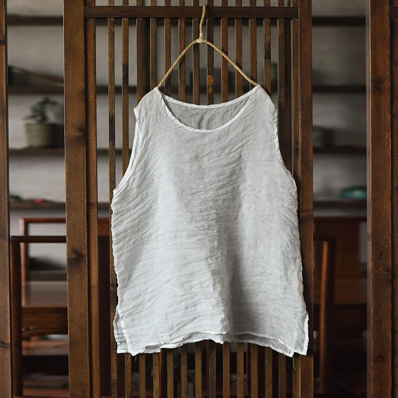 100% Ramie Women Casual Tank Tops New Arrival 2026 Summer Vintage Style O-neck Solid Color Loose Female Sleeveless T-shirt M2858