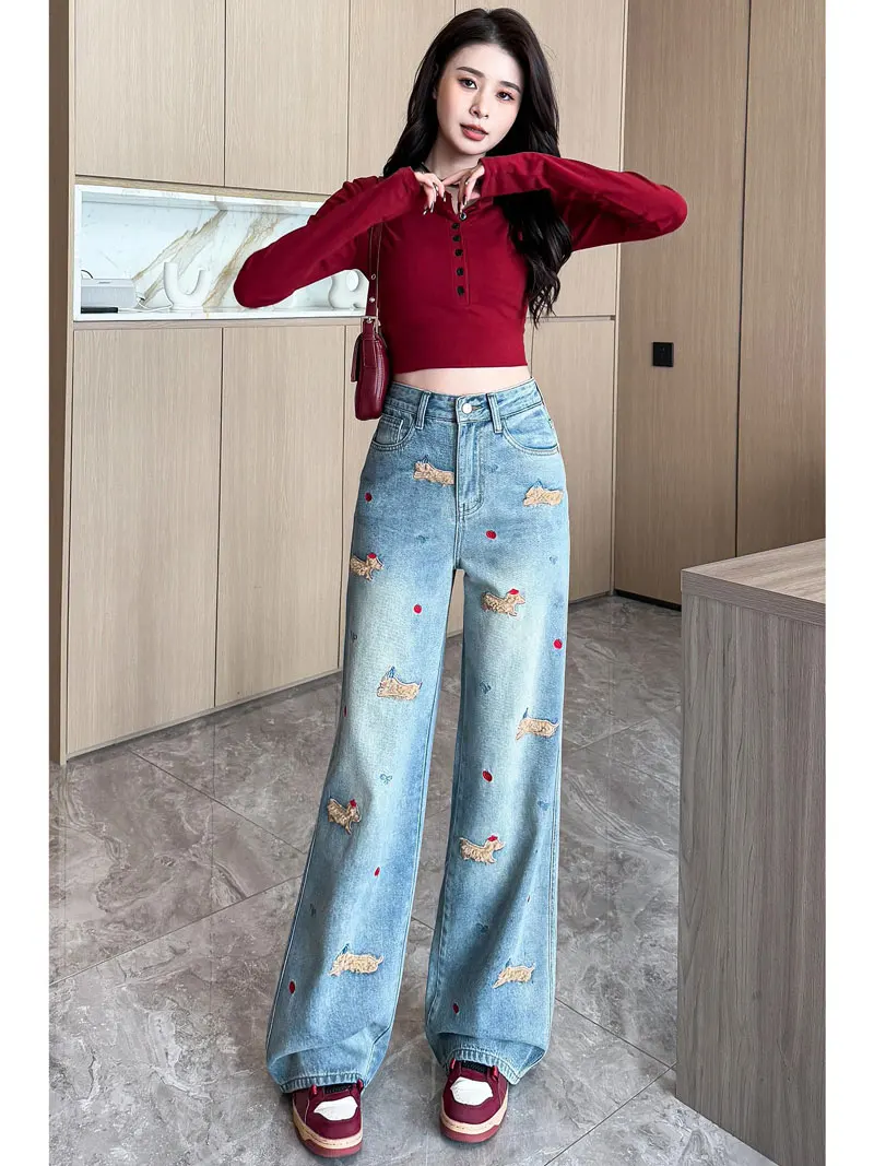 Jeans larghi a gamba dritta con cane ricamato in stile coreano Pantaloni lunghi in denim dal design alla moda da donna