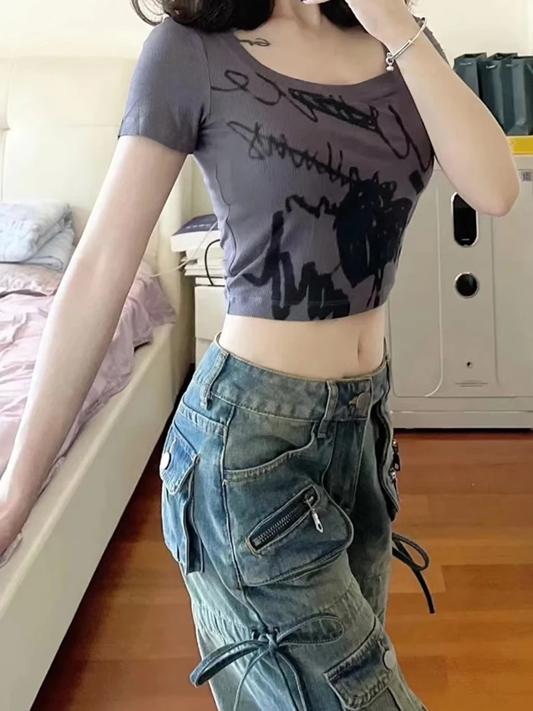 Women BF Style Y2k Streetwear Harajuku Baggy Multi-Pocket Blue Denim Cargo Pants Low Waisted Wide Leg Jeans 2000s Aesthetic Kpop