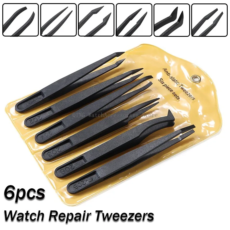 Antistatic Carbon Fiber Tweezers Watchmaker Multispecification Repair Tools Watch Trimmer Tools Part 6pcs Black Plastic Tweezers
