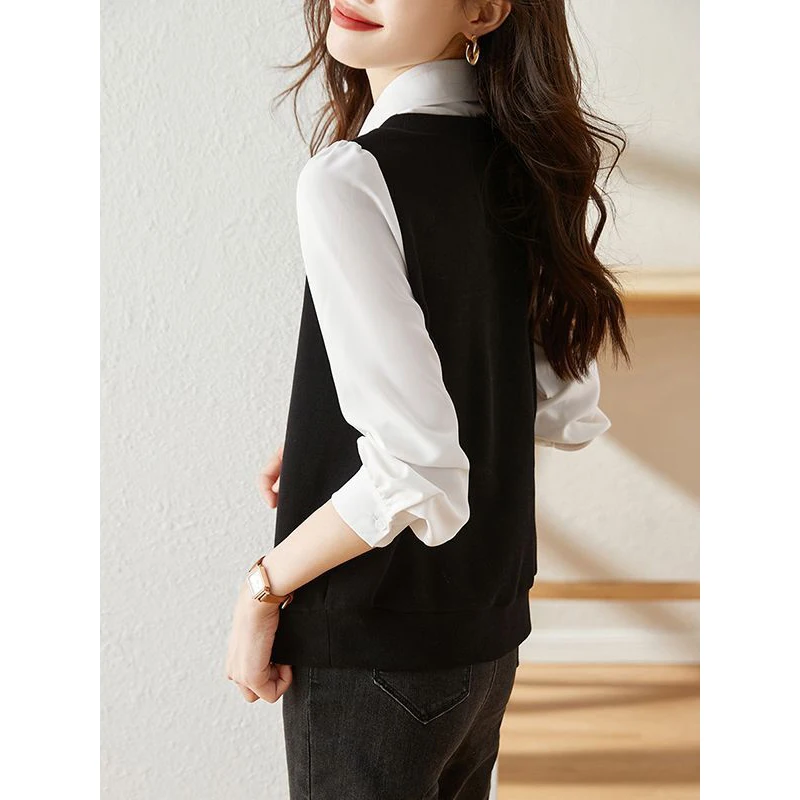 2023 Spring New Fashion Korean Simple Style Patchwork Tops Blouses for Women Casual Long Sleeve Slim Fake Two Pieces Sweet Shirt