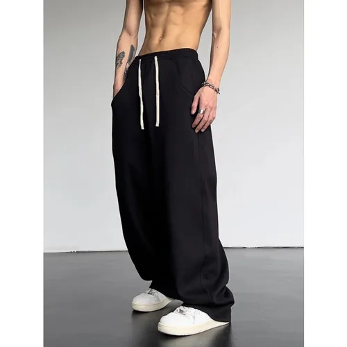 Pantalones deportivos con bolsillo inclinado y cintura con cordón de color sólido para hombre, pantalones sueltos informales de algodón puro, pantalones de chándal para hombre