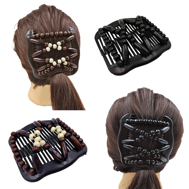 Stretchy Double Comb Hair Clip Adjustable Elastic Hair Comb Wood Beaded Hair Pins Hair Accessories for Women Ponytail Bun Maker