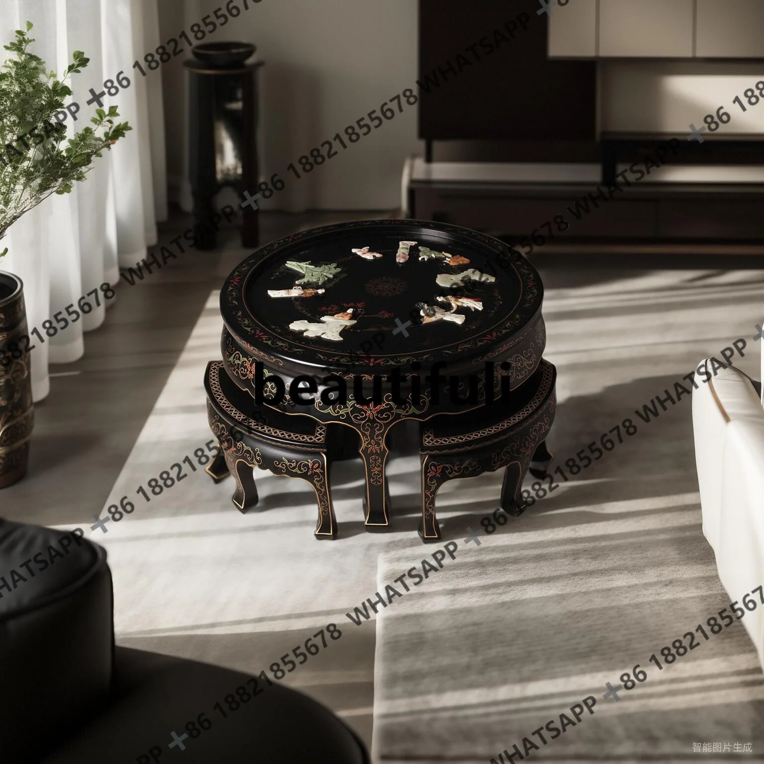 New Chinese light luxury bone stone inlaid black background round table stool dining table coffee table