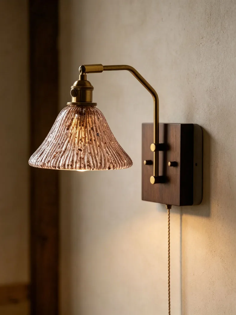 Vintage Glass Wall Light Home Art Wood Base Switch