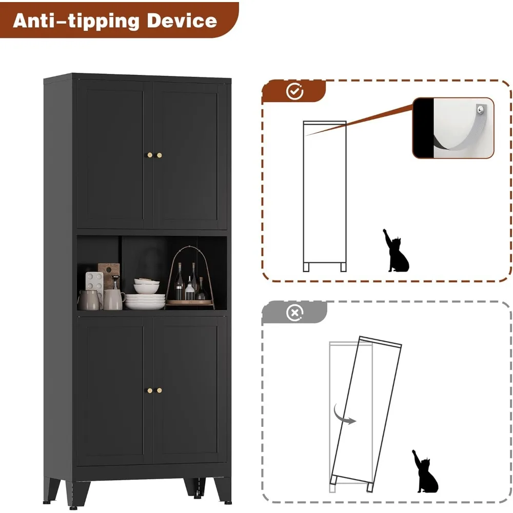 خزانة مخزن، خزانة مطبخ طويلة مع 4 أبواب وأرفف قابلة للتعديل، 69 خزانة تخزين سوداء قائمة بذاتها مع ميكروويف #6