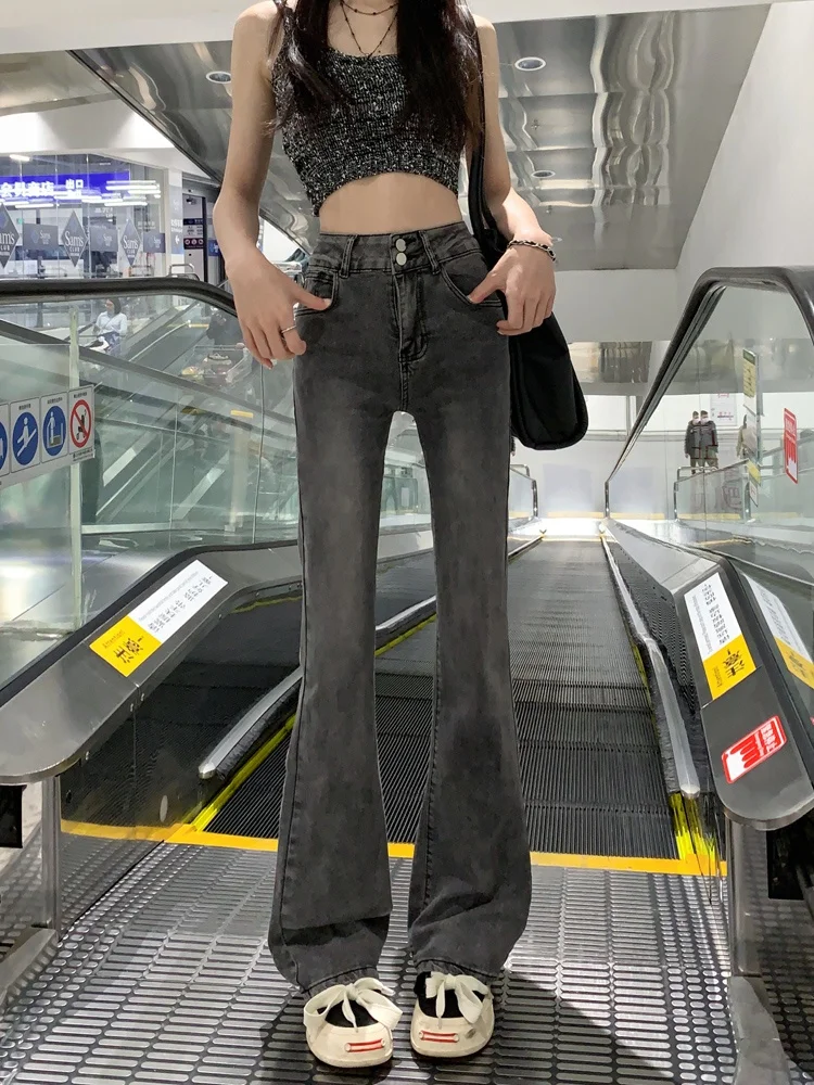 

Расклешенные джинсы с высокой талией, женские маленькие размеры, осенние большие размеры, брюки-колокольчики с копытами, новинка 2025 года, цвет глаз, хлопковая эластичная ткань