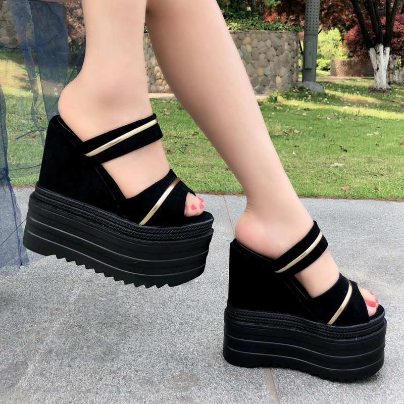 2024 Flock Women Super High Heels Sexy 14CM Heel Wedges Sandals Thick Bottom Platform Slippers Party Sliders  platform sandals