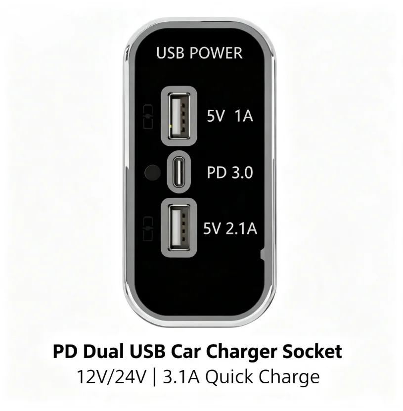 Carregador de Painel Veicular USB Duplo PD 3.1A com Carregamento Rápido 12V 24V, Tomada USB Embutida para Carro, RV e Barco