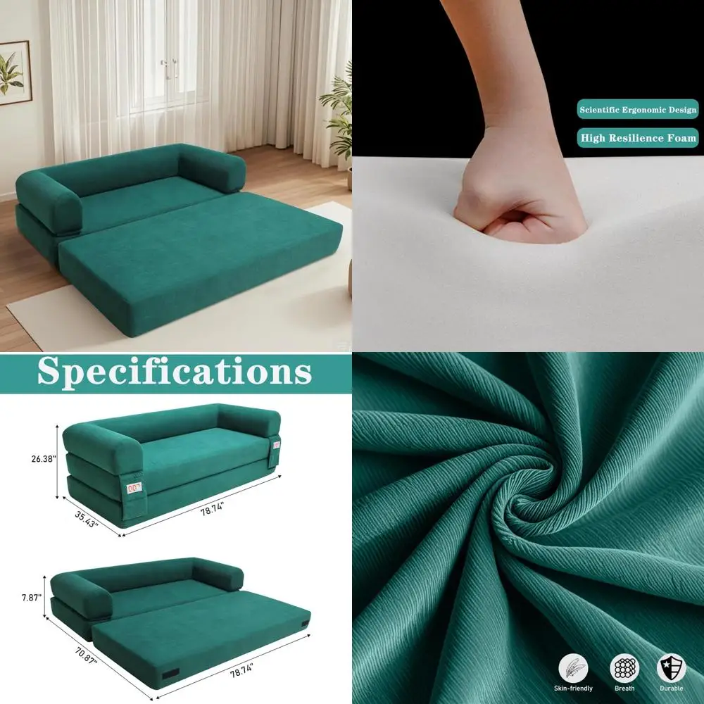 Memory Foam Futon Sofa Bed Sleeper Chair for Guests, Comfortable Living Room and Bedroom Corner Couch, Green