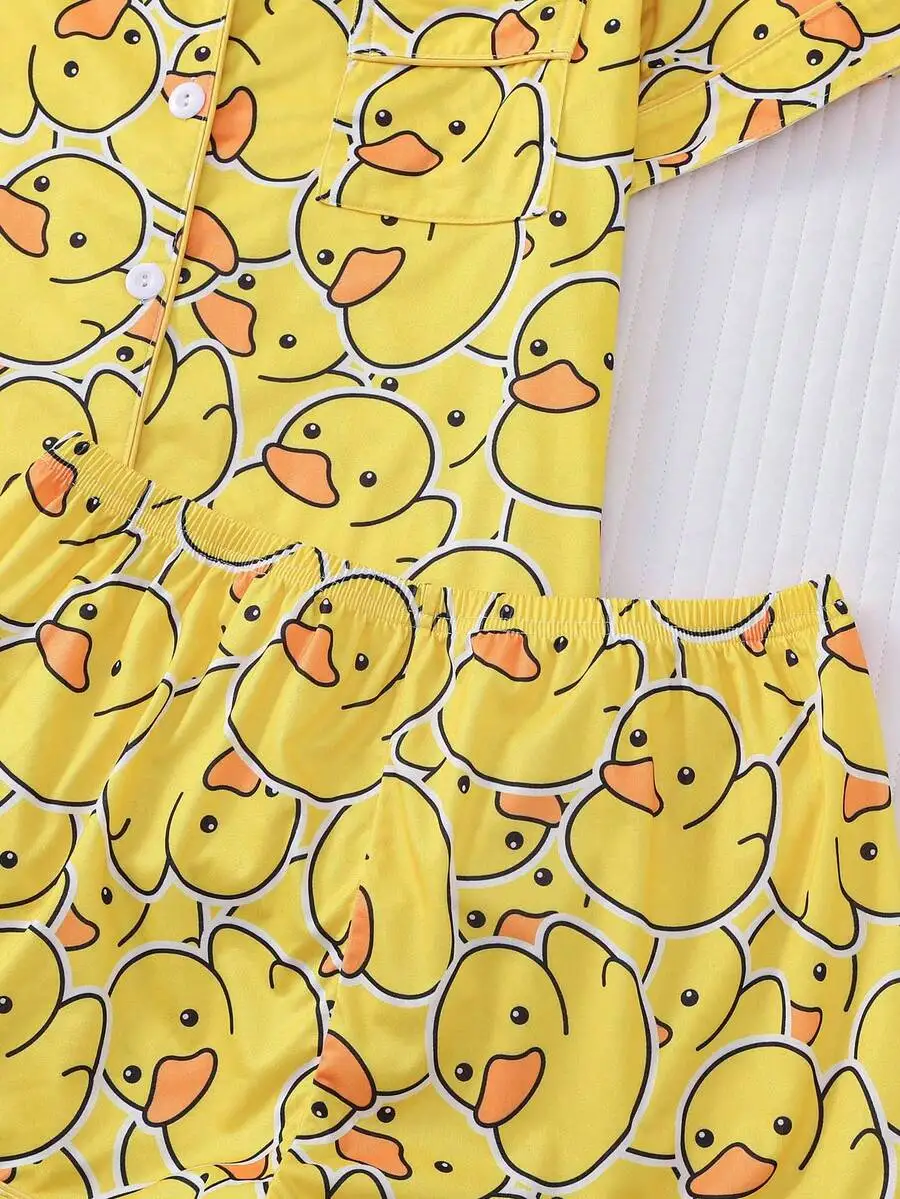 

Womens Duck Print 2-Piece Pajama Set Button-Up Short Sleeve Top And Elastic Waist Shorts