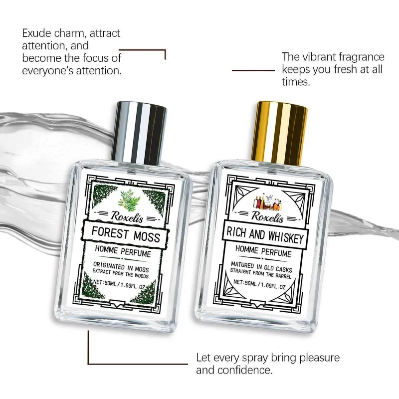 Parfum pour homme Roxelis, senteur bois de Gulong, forêt fraîche, élégant, doux, persistant, charmant, délicat.