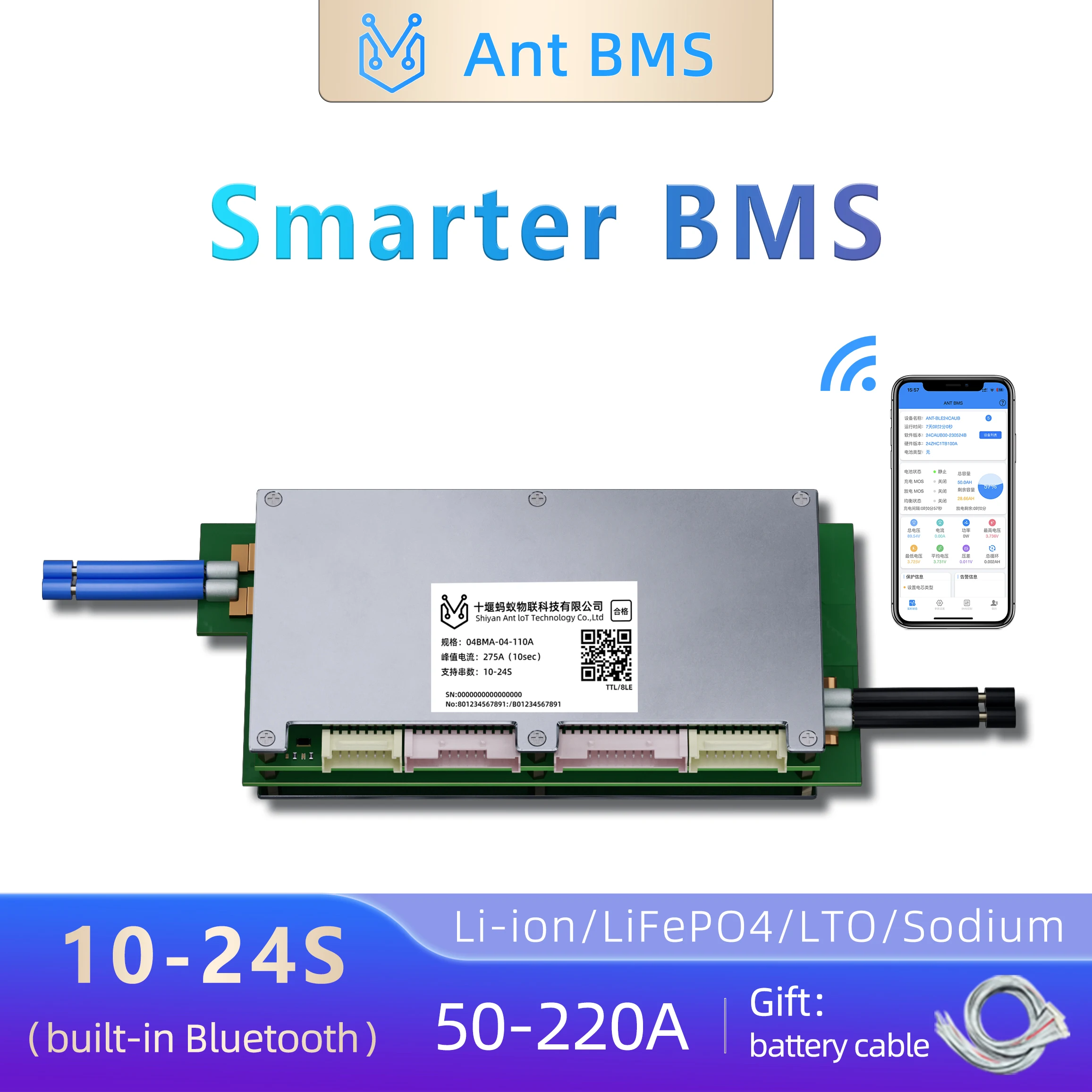 

ANT SMART BMS 10S to 24S 50A 120A 200A 220A Li-Ion LiFePo4 LTO Battery Built-in Bluetooth daly Smart Balance Same Port Design