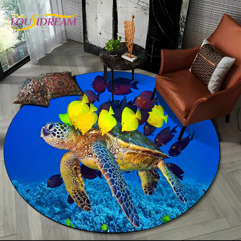 3D Seabed Underwater World Dolphin Turtle Round Area Rug,Carpet for Living Room Bedroom Sofa Playroom Decor,Non-slip Floor Mat