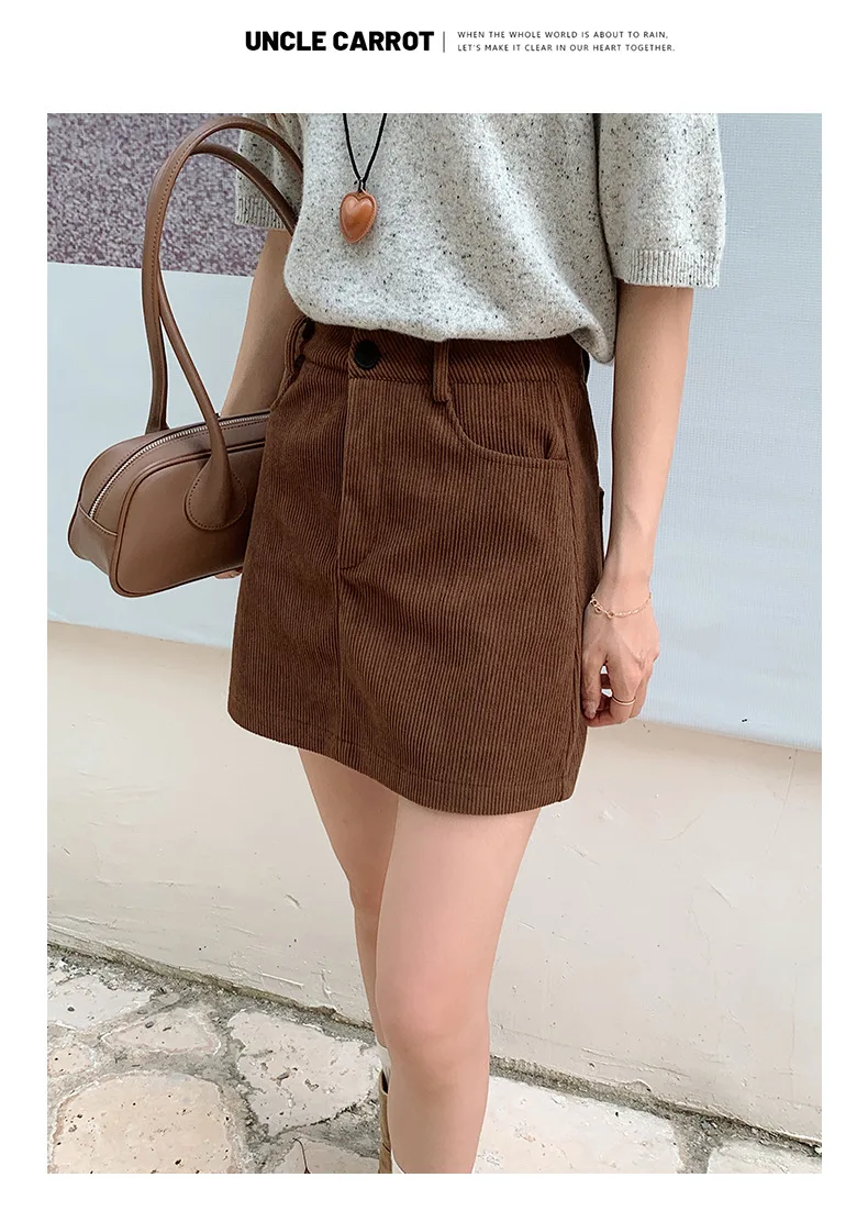 Women's High-Waist A-Line Short Skirt Spring Autumn Retro Brown Corduroy Skirts Woman Solid Color Straight Leg Pencil Skirt Mini