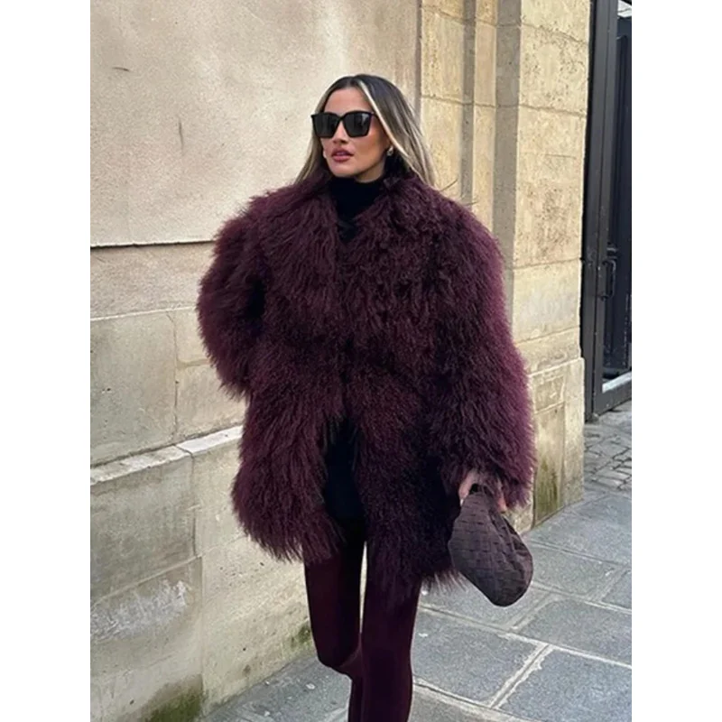 2024 Winter New Burgundy Fluffy Fur Coat Women Oversize Long Sleeve Faux Fur Plush Jackets Female Commute Street Outwear