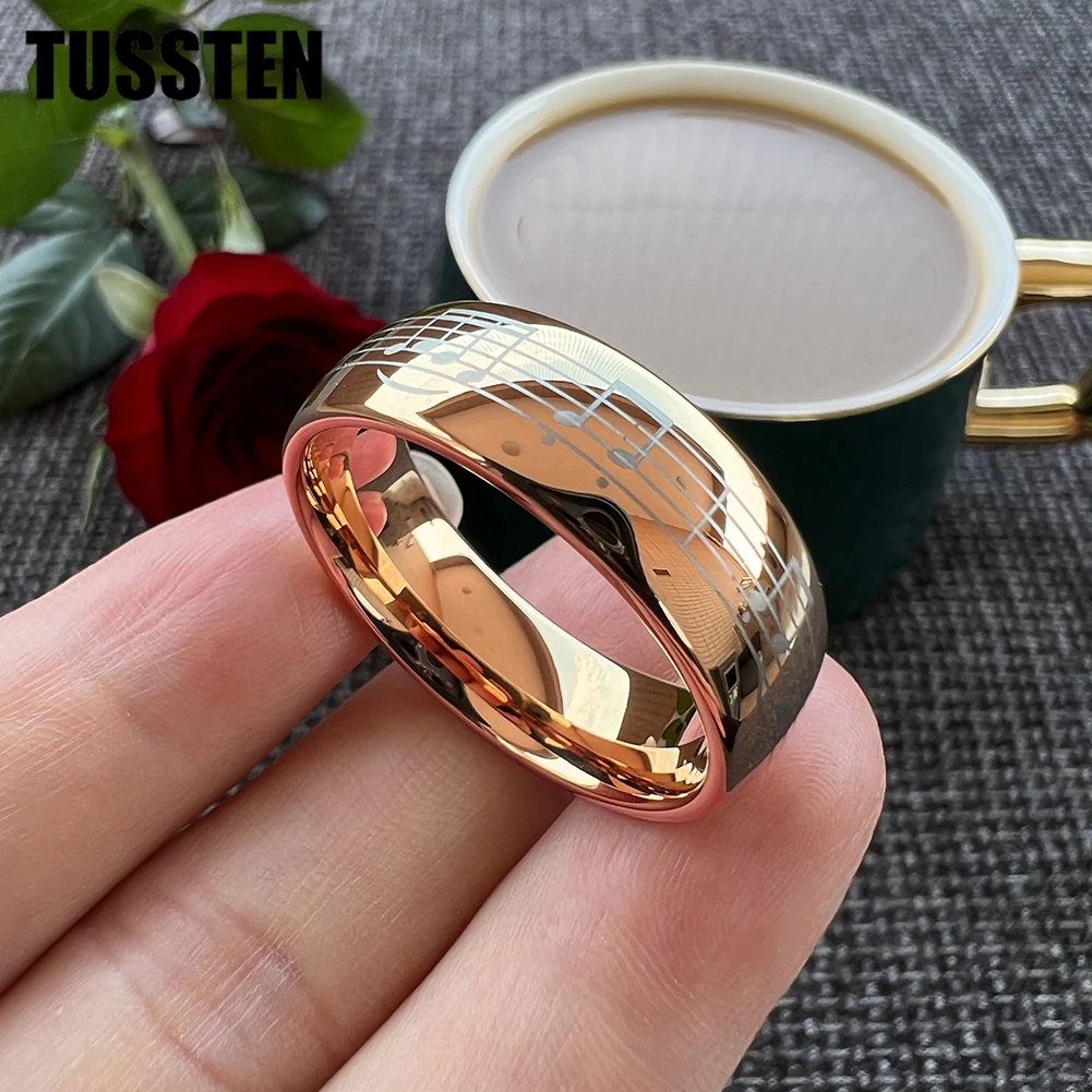 TUSSTEN 6/8MM Men Women Tungsten Wedding Band Laser Engraving Piano Five-Line Note Music Ring Domed Polished Comfort Fit