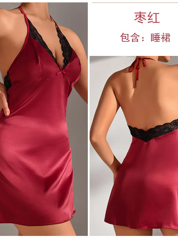 Koronkowa satynowa sukienka plażowa z głębokim dekoltem V Sexy Temptation Elegancka sukienka plażowa bez pleców w jednolitym kolorze 414V