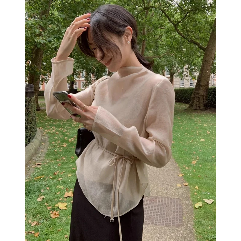 

Chic Autumnal Long Sve irt Set with Strap Top And Ba Single Button Thin Design Inner Wear for Young Women