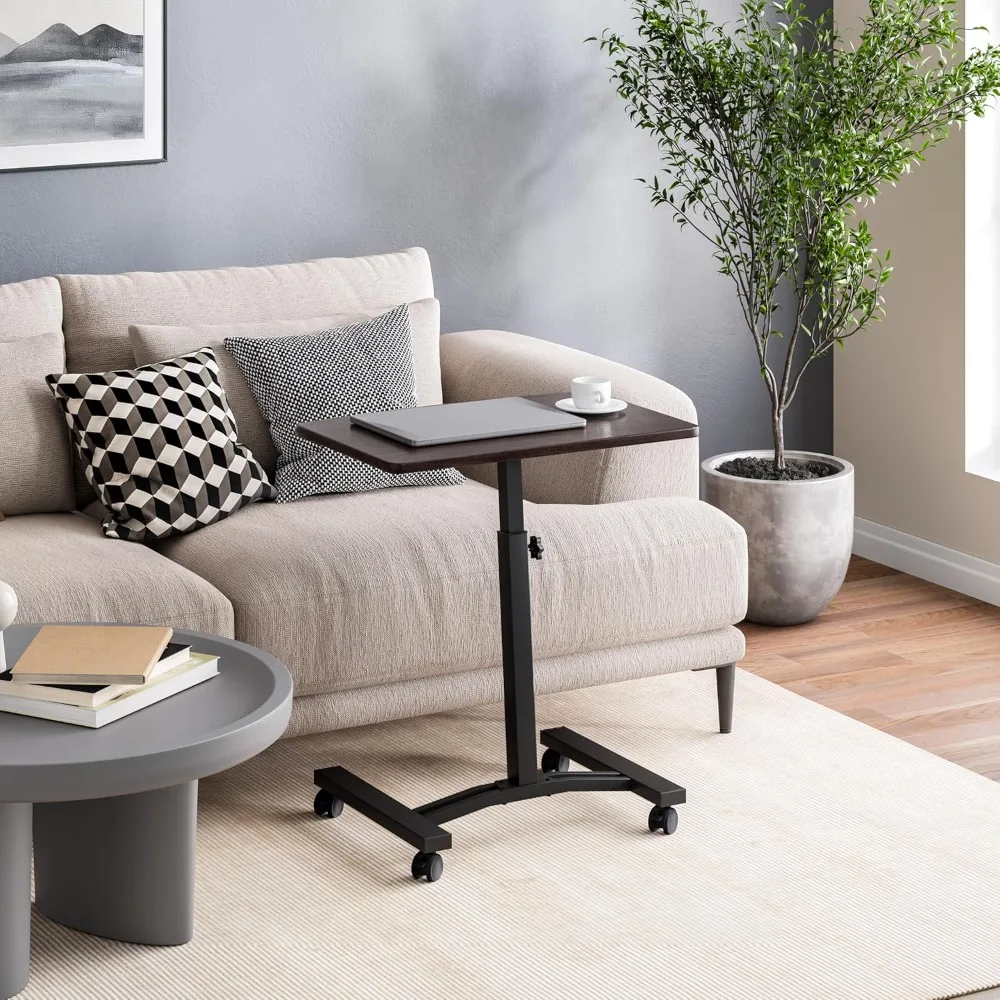 

Mobile Laptop Computer Desk Cart on Wheels Adjustable Height 20.5 to 33 Inches Slim Rolling Workstation Walnut