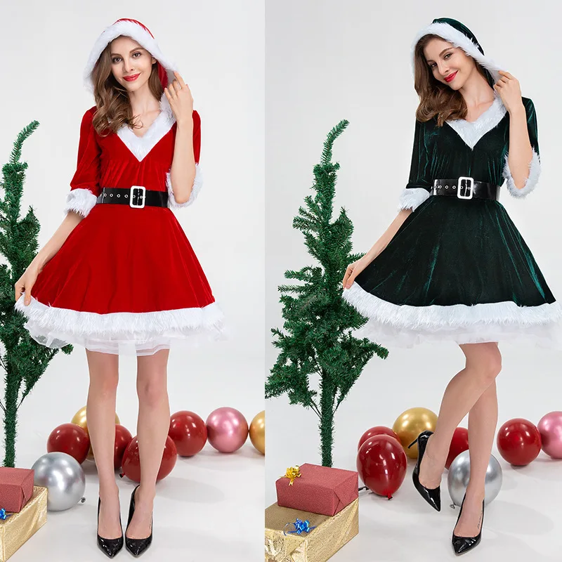 V-neck Hooded New European and American Women's Dress Santa Claus Tree Cosplay Costume