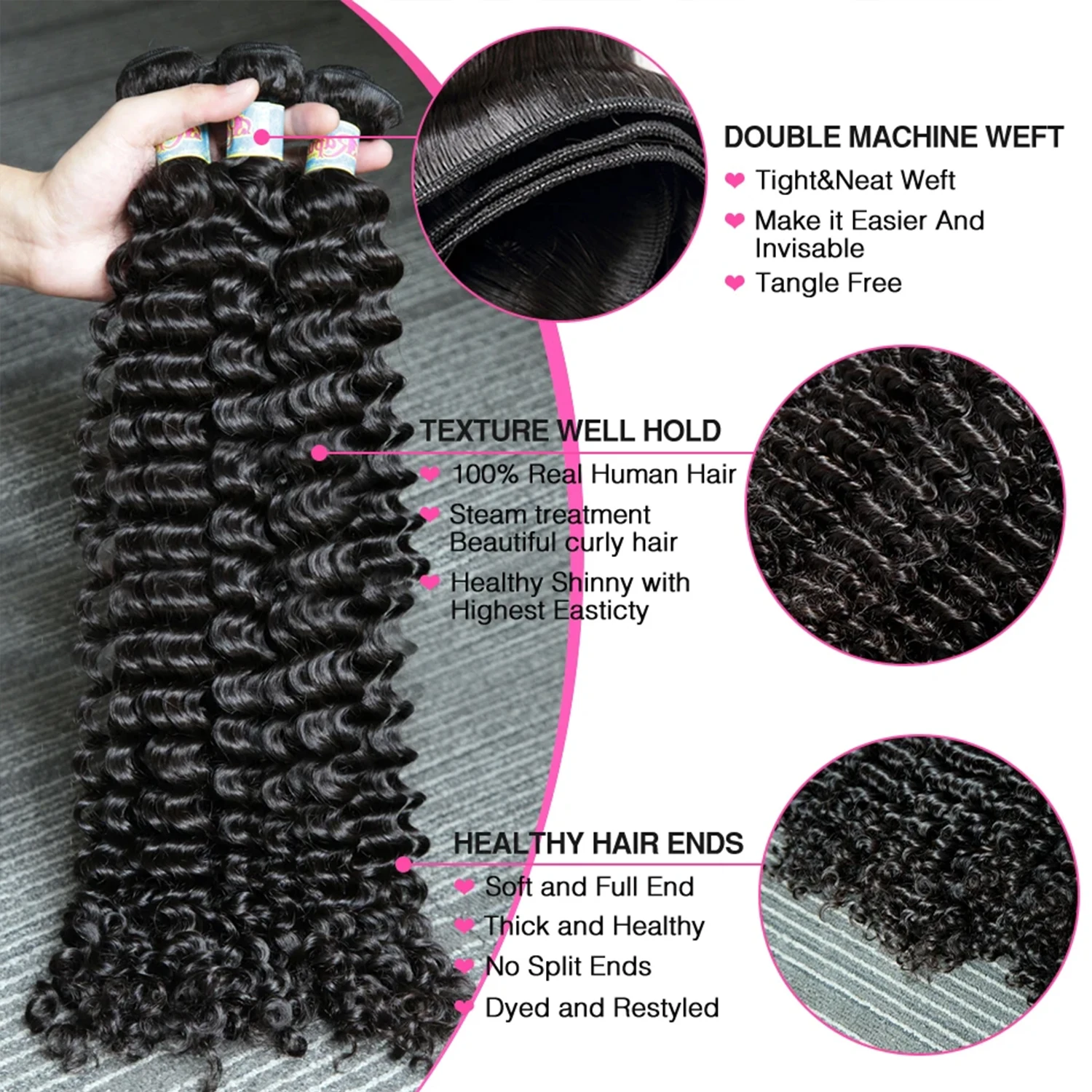 Extensiones de cabello humano Remy brasileño, mechones de ondas de agua profunda 100%, doble trama, tejido profundo, Color negro Natural, 3 uds.