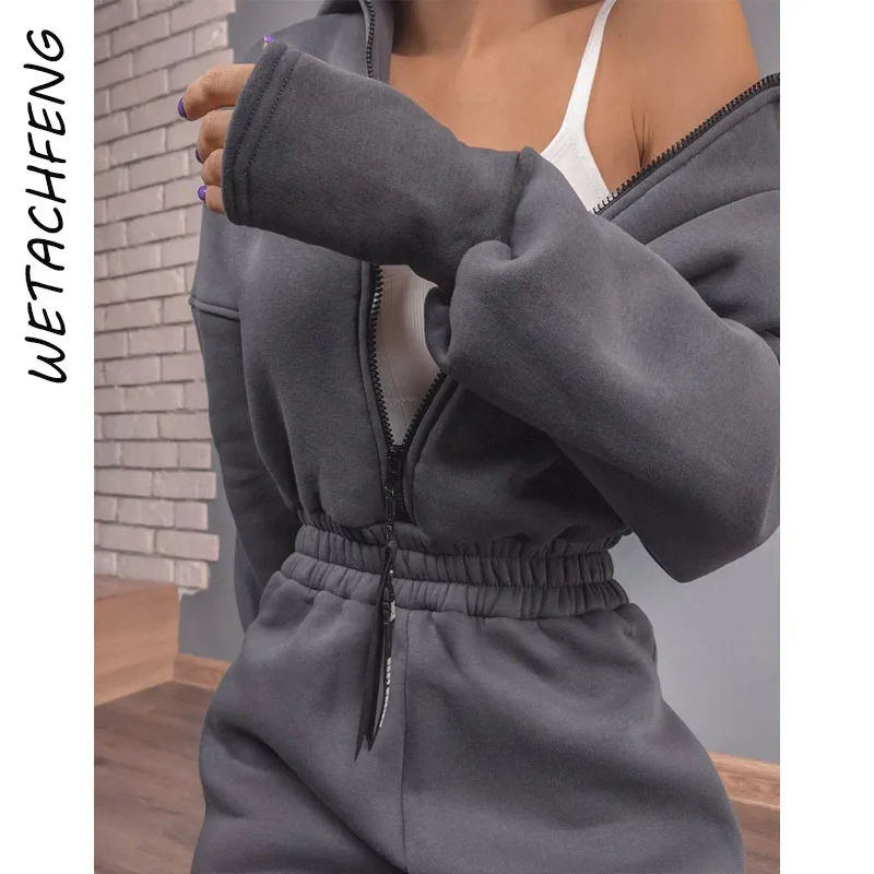 Jumpsuits Women Solid Long Sleeve Hooded Zipper Sexy Slim Overalls One Piece Outfits Fleece Winter Autumn Sports Rompers Clothes