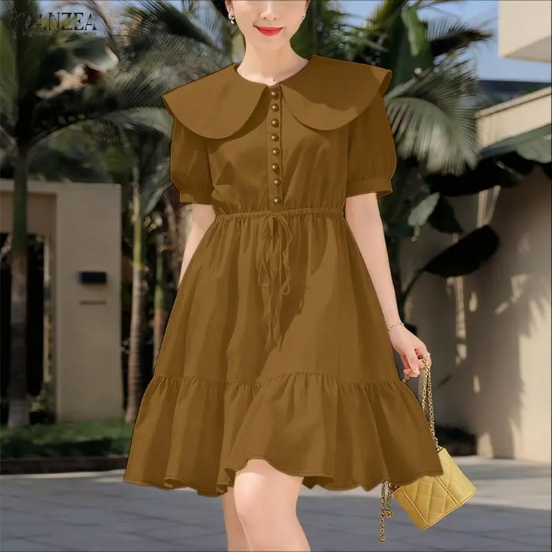 스타일리시한 러플 드레스 ZANZEA 여성용 2026 여름 드레스 우아한 라펠 넥 짧은 소매 파티 워크 썬드레스 솔리드 버튼 미디 로브