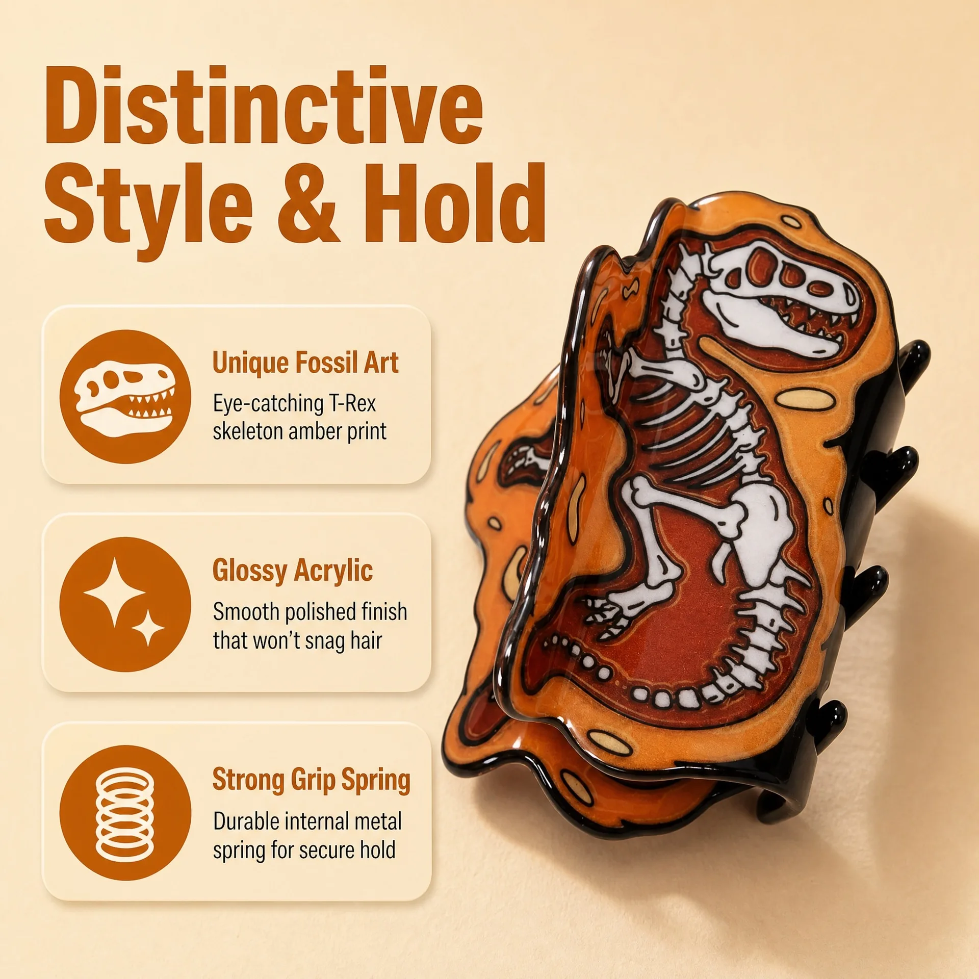 Dinosaur Skeleton Hair Claw – Vintage Fossil Print Shark Clip, Back-of-Head Hair Accessory