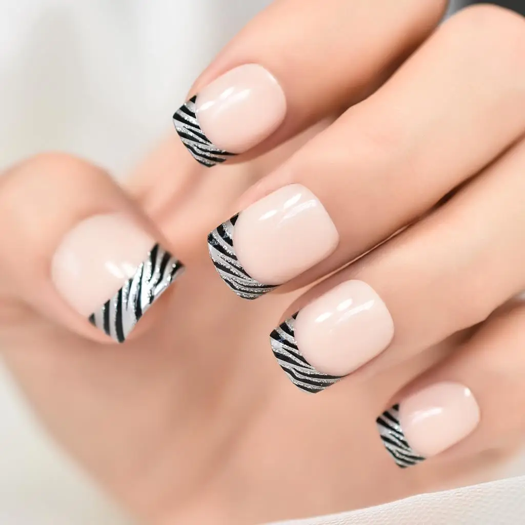 Short Zebra Top French Round Press On Nail Tips Fake Nails Art Salons At Home Fake Nails Art Reuable Fingernails With Tabs