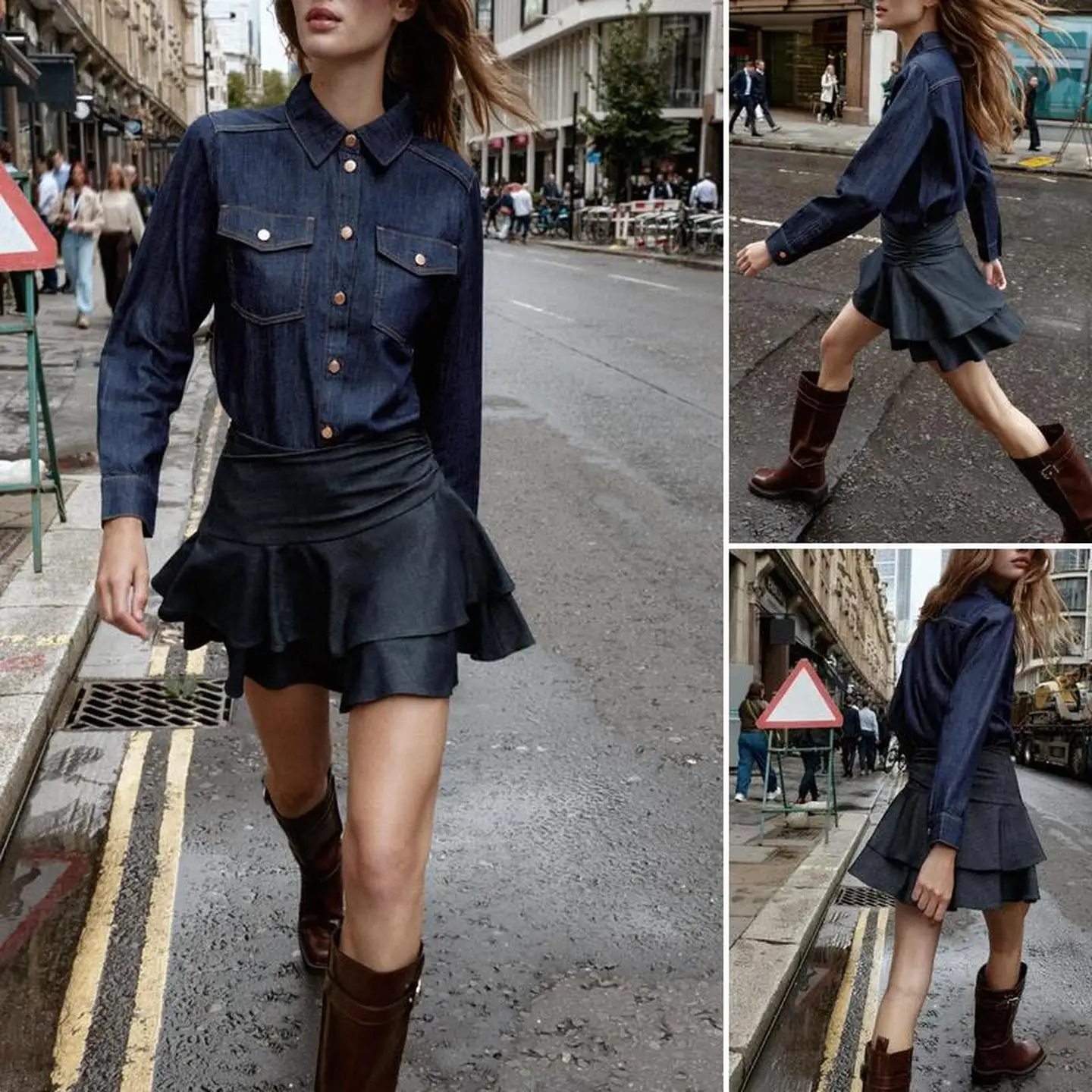 

Long Sve Collared Denim irt Work Warehouse Early Autumn Faion Decorative Skirt Pants Set for Young Women 8-25 Years Old