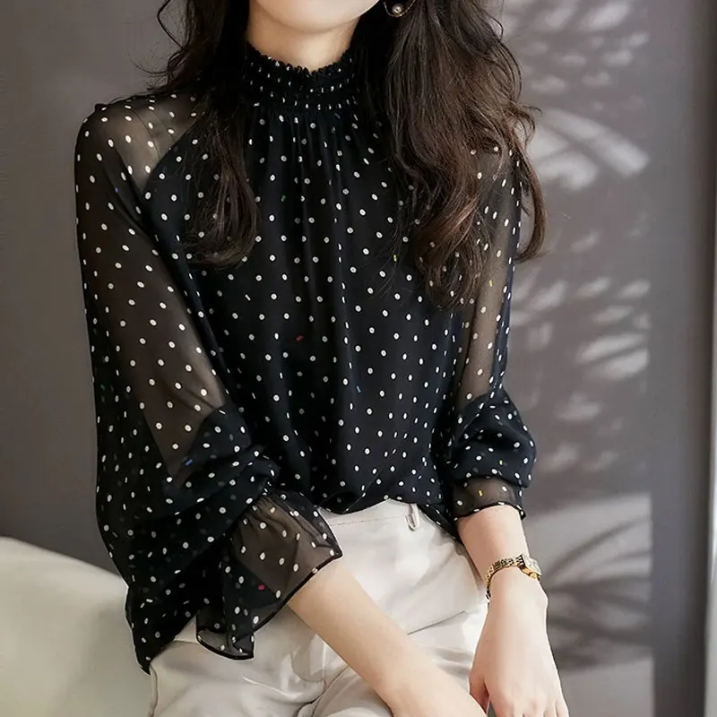 Office Lady Stand Collar Stylish Shirring Blouse Female Clothing Polka Dot Printed Spring Autumn Chic Pearl Button Korean Shirt