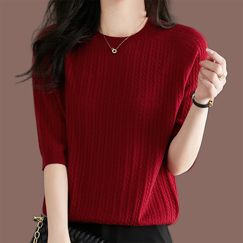 Spring Summer Round Neck Solid Simple 3/4 Sleeve Sweaters Ladies Loose Casual Fashion All-match Pullover Top Women Jumper Tee