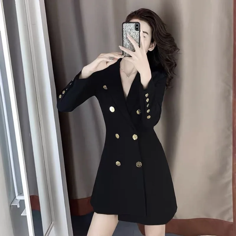 Lnsozkdg Autumn High Quality Gold Button Women Black Dress Spring Fashion Trench Coat Dress Long Sleeve Vintage Blazer Dress