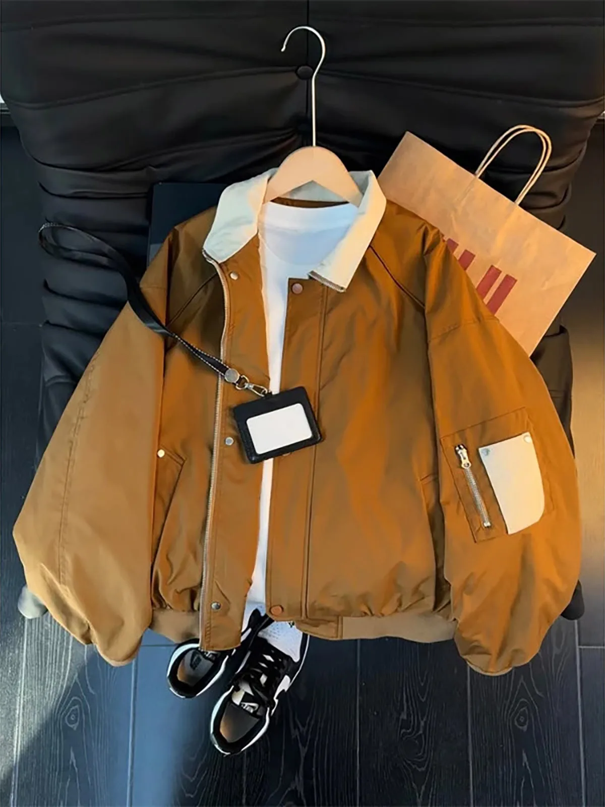 Men's Workwear Jacket Shoulder Pads Stand Collar Baseball Style Patchwork Pilot Coat Brown Splicing Functional Casual Coat