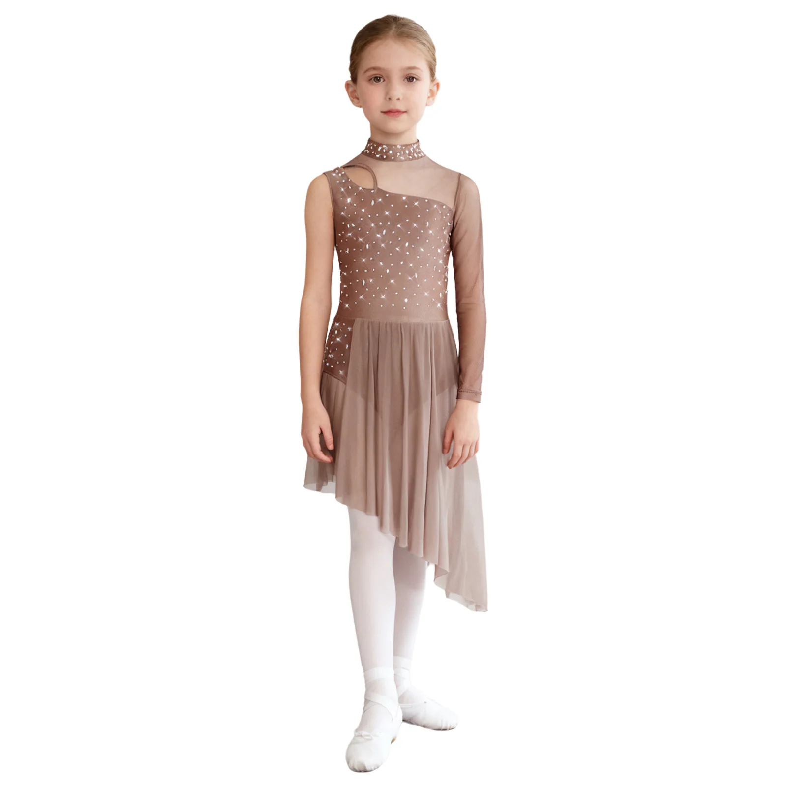 

Kids Girls Lyrical Waltz Ballroom Ballet Dance Performance Costume Cutout Sheer Mesh Patchwork Rhinestones Side Split Dancewear