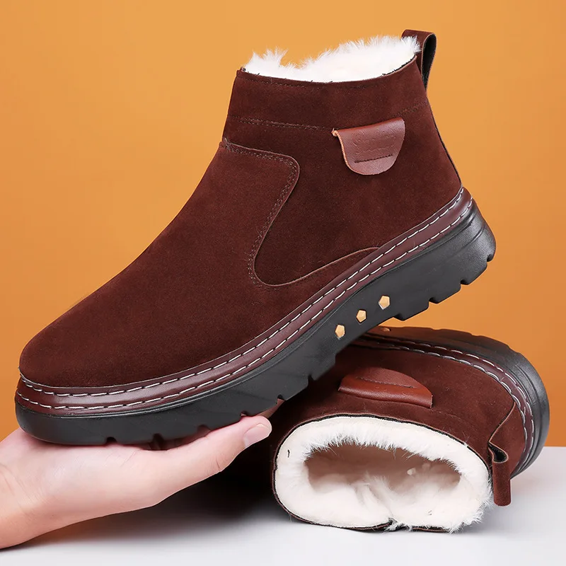 Winter New Shoes for Men Boots Warm Plush Leather Casual Shoes Outdoor Snow Boots Big Size